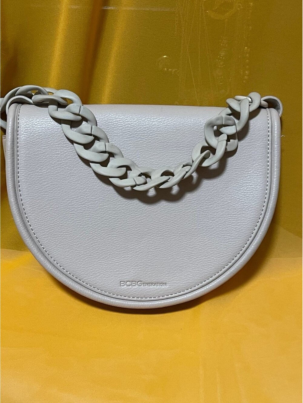 BCBG Generation Cream Half Moon Crossbody Bag Chain Strap Small Shoulder Purse